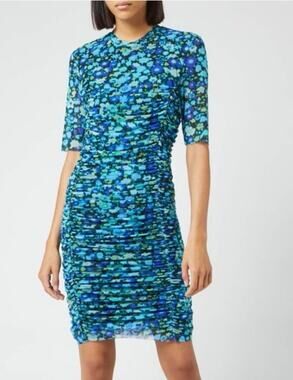 GANNI Blue Printed Mesh Mini Dress Sz 36 Bodycon Ruched Designer Chic‎